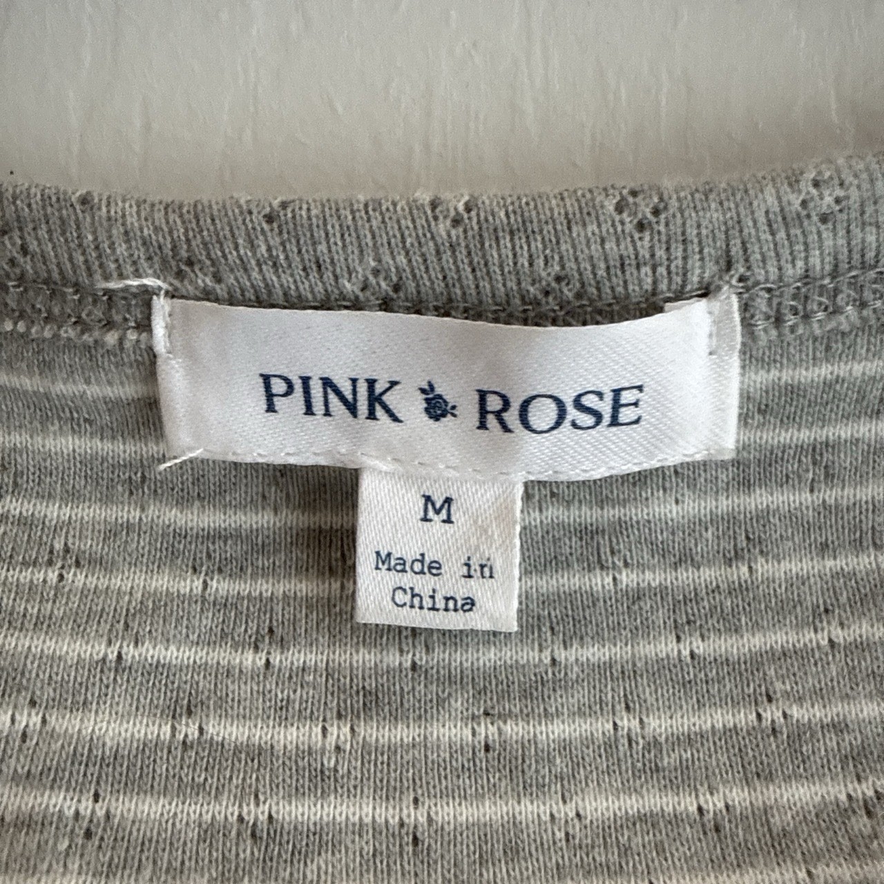 Pink Rose Women’s Gray/White Striped Henley T-Shirt Scoop Neck Short Sleeve M