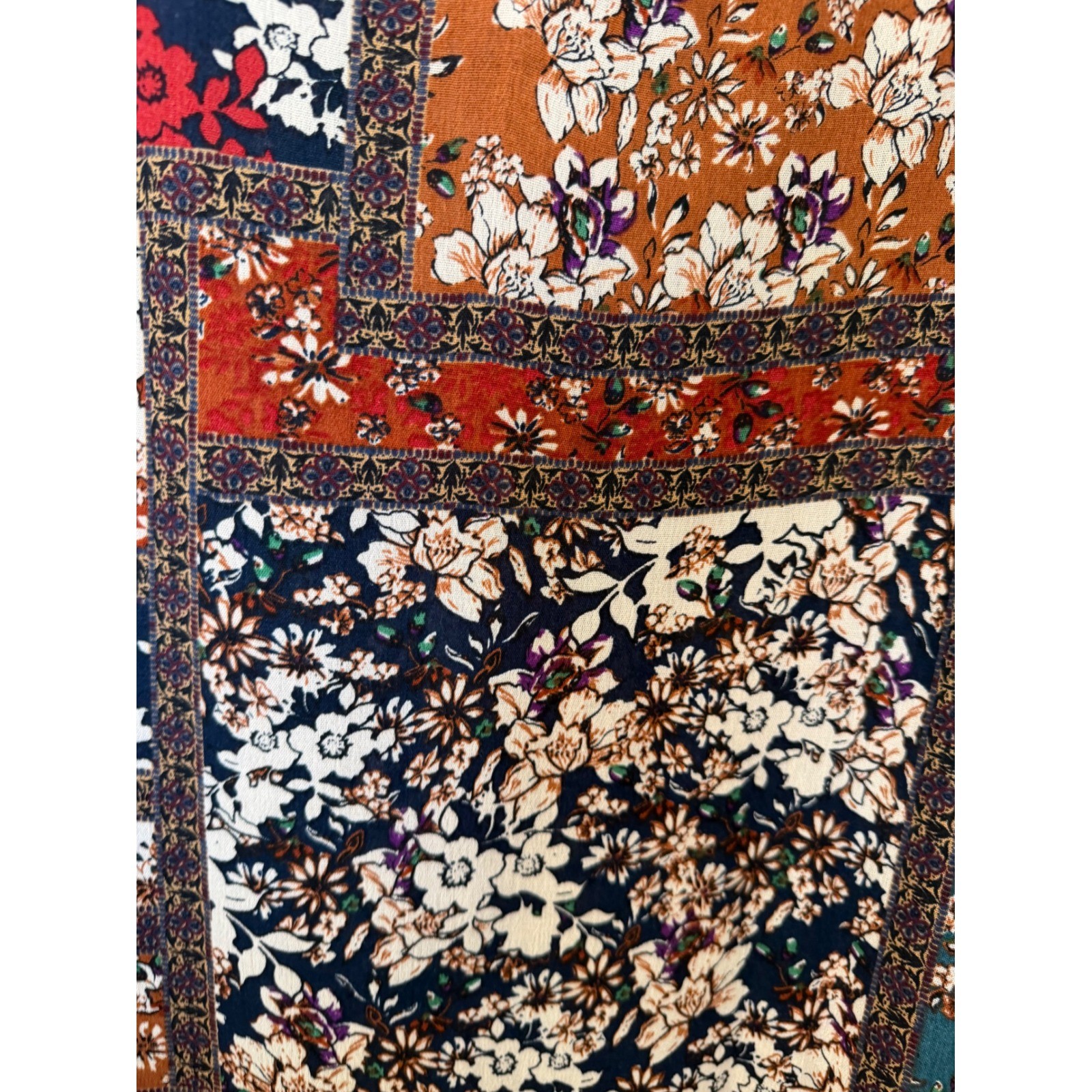 GiGio Plus 1XL Floral Patchwork Mixed Media Raglan Top Navy Blue Boho Relaxed