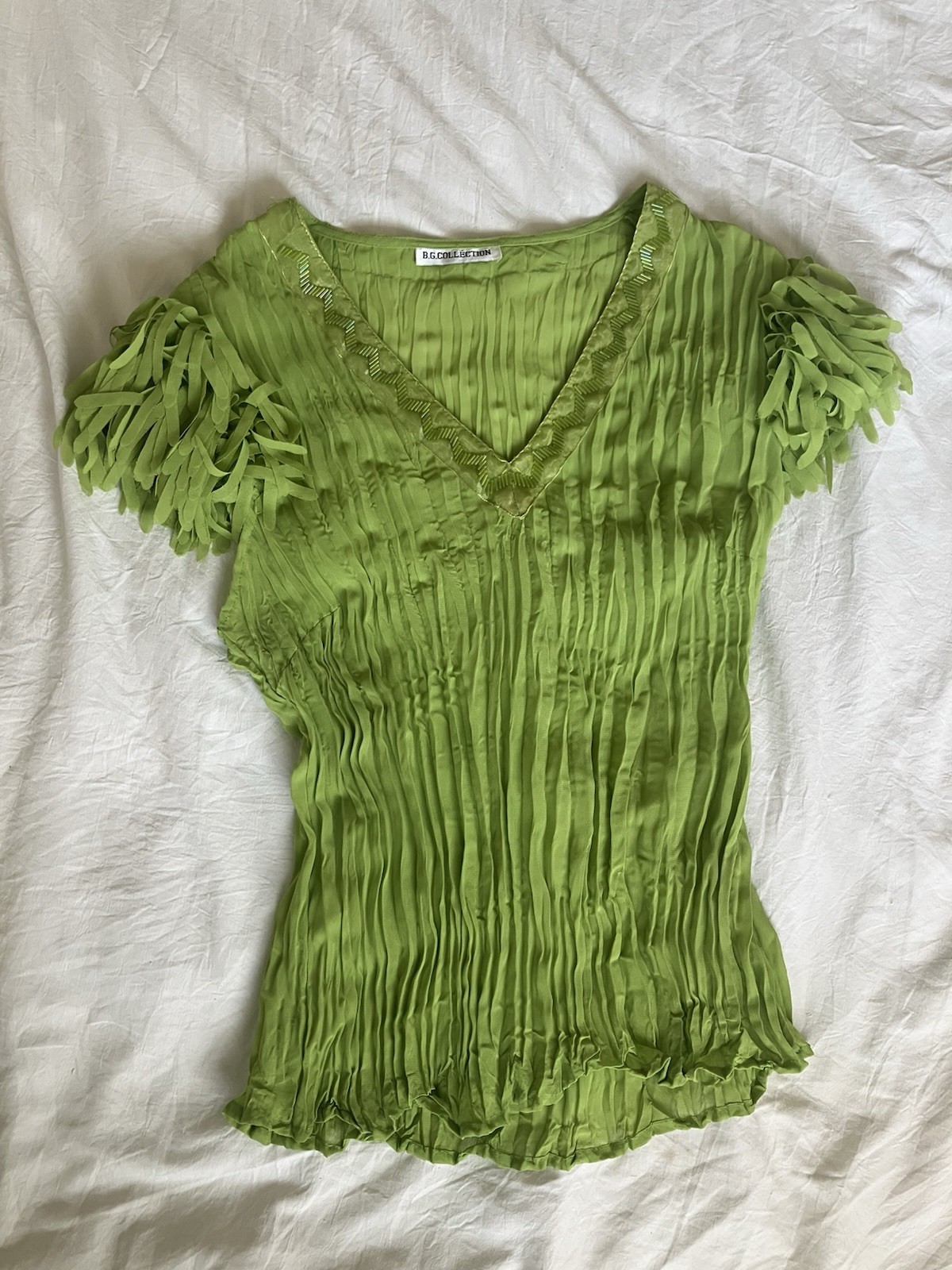 B. G. Collection Beaded Fringe Crinkled Top Size S Peter Pan Boho Whimsy Y2K