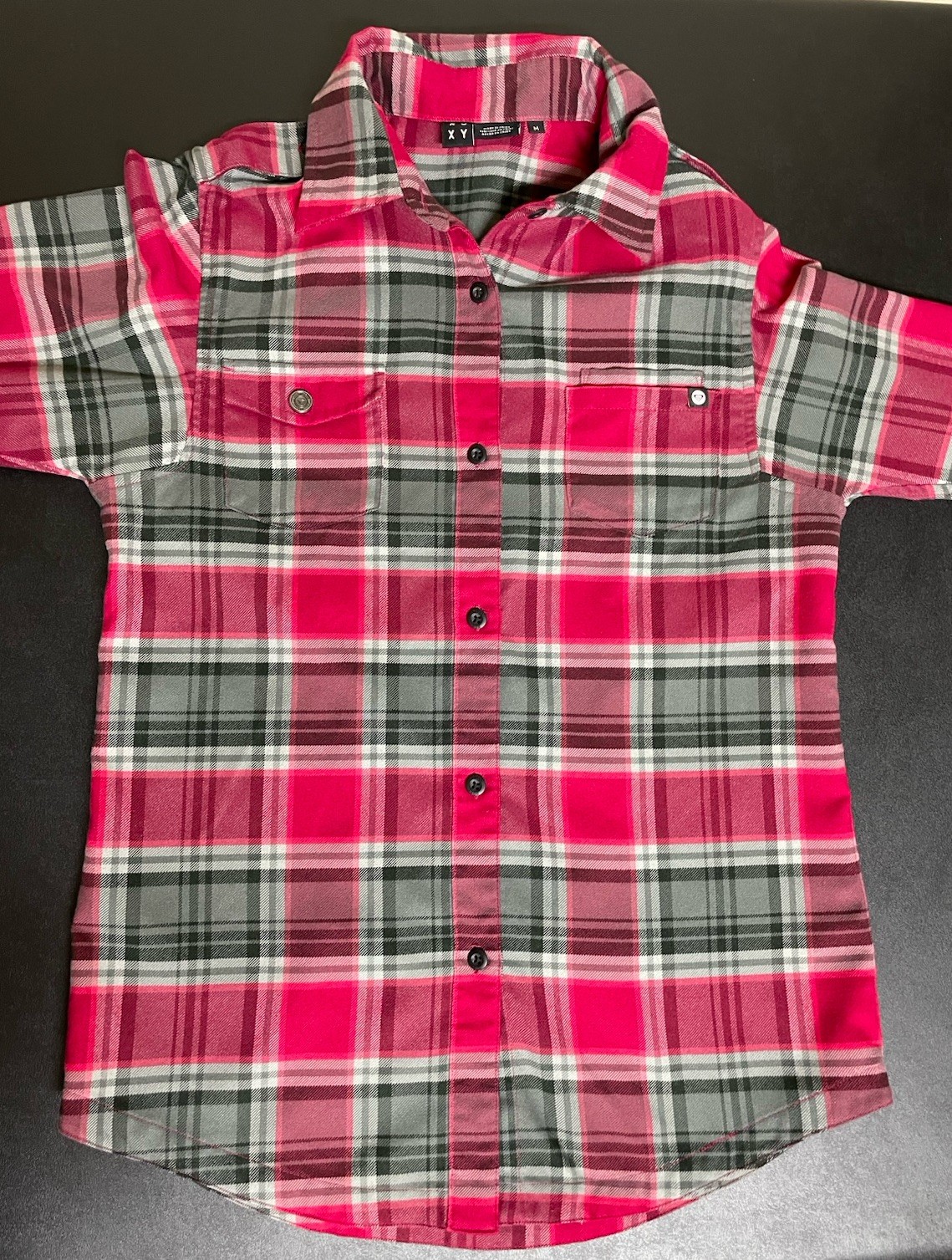 Roxy Flannel Shirt Womens M Red Gray Plaid Long Sleeve Button Up Pockets Collar