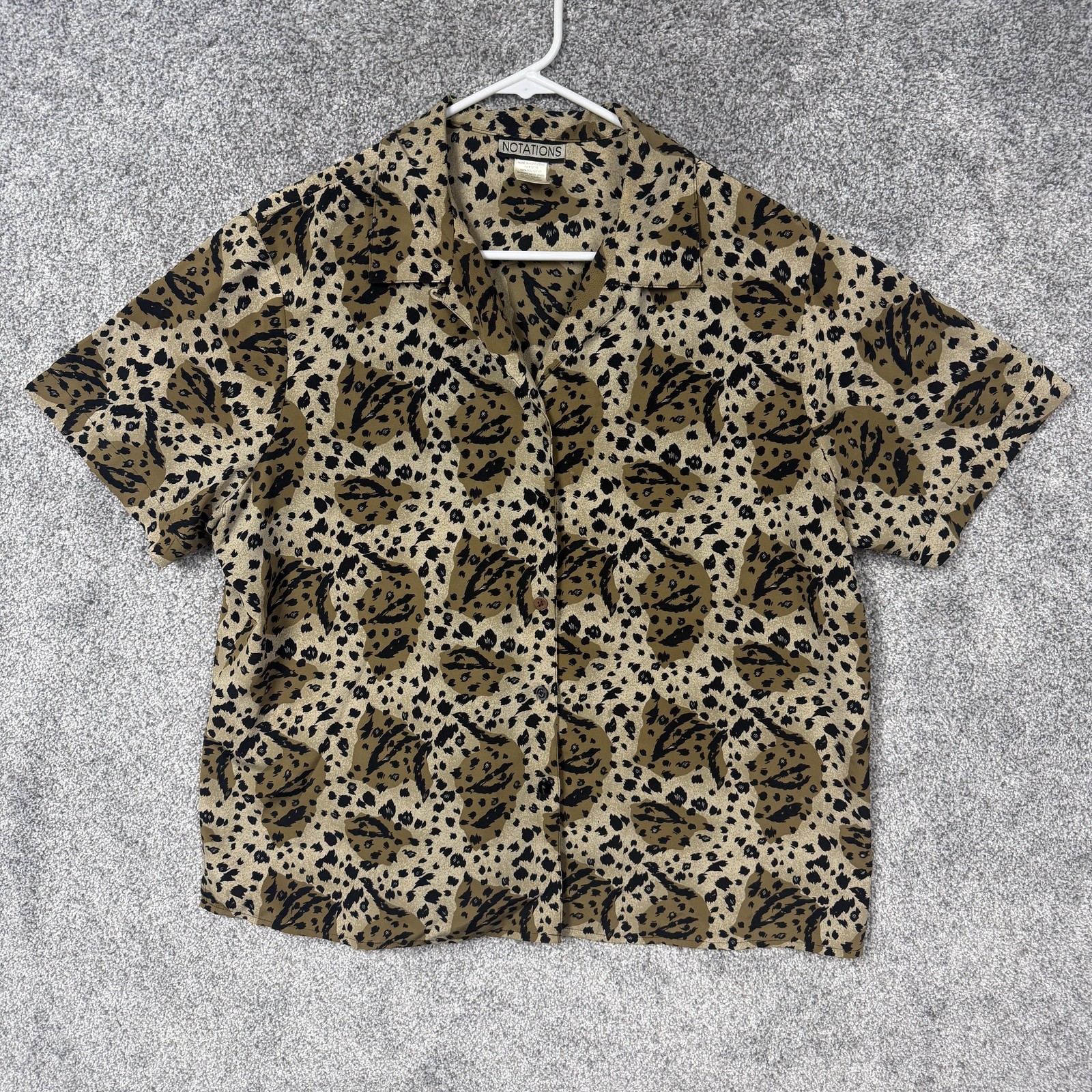 Vintage 90s Y2K Notations Button Up Blouse XL Brown Leopard Office Mob Wife Glam