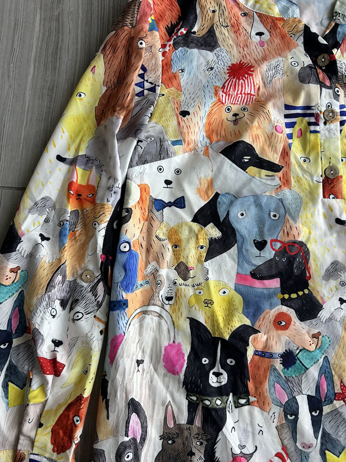 Misslook Womens Dog Print Blouse Top Size L Whimsical Animal Art Button Accent