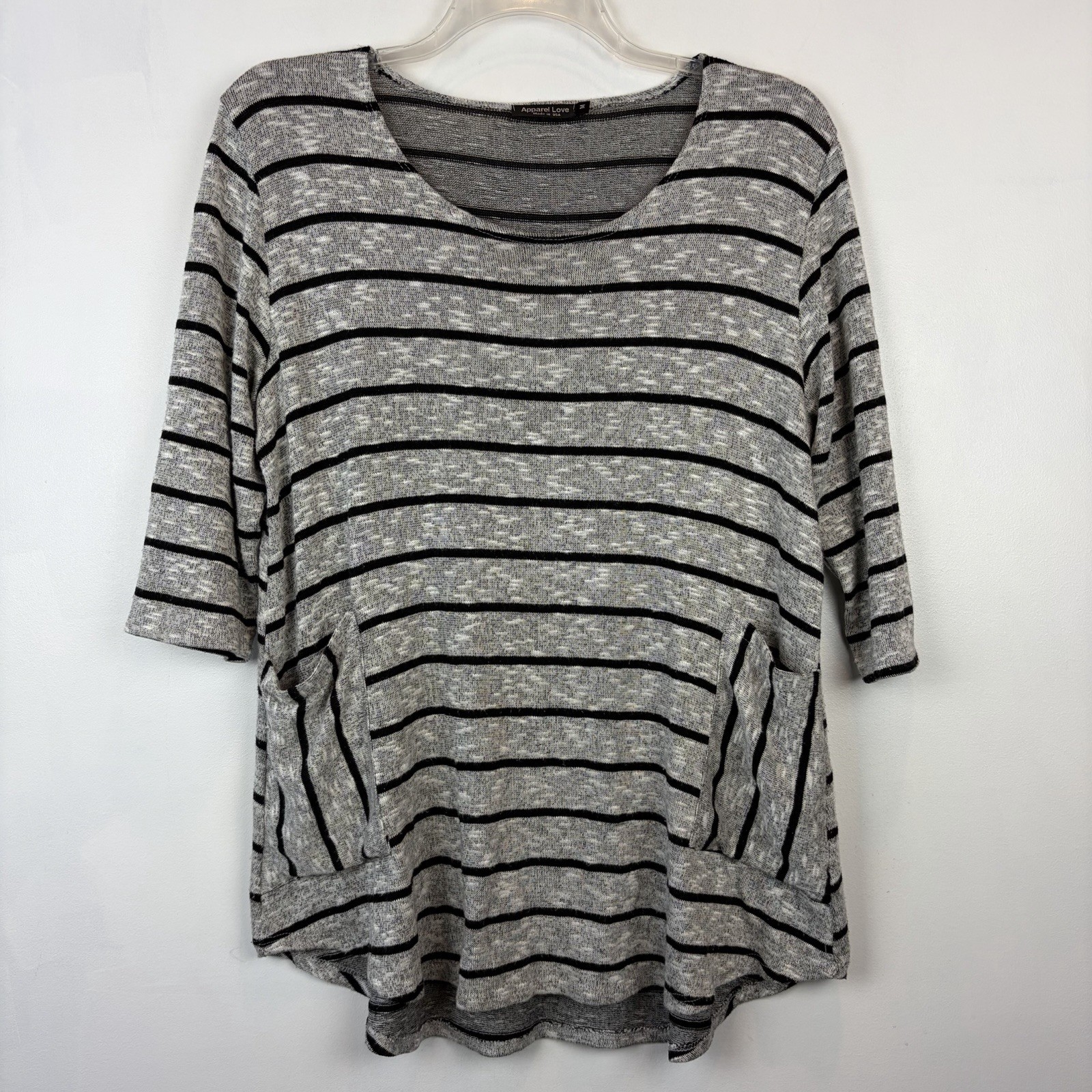 Tunic Top Womens Medium Gray Black Striped Soft Boho Peasant Cozy Made USA