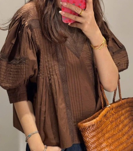 Zara ZW Collection Pleated Lace Blouse Women’s XS Brown Romantic Prairie