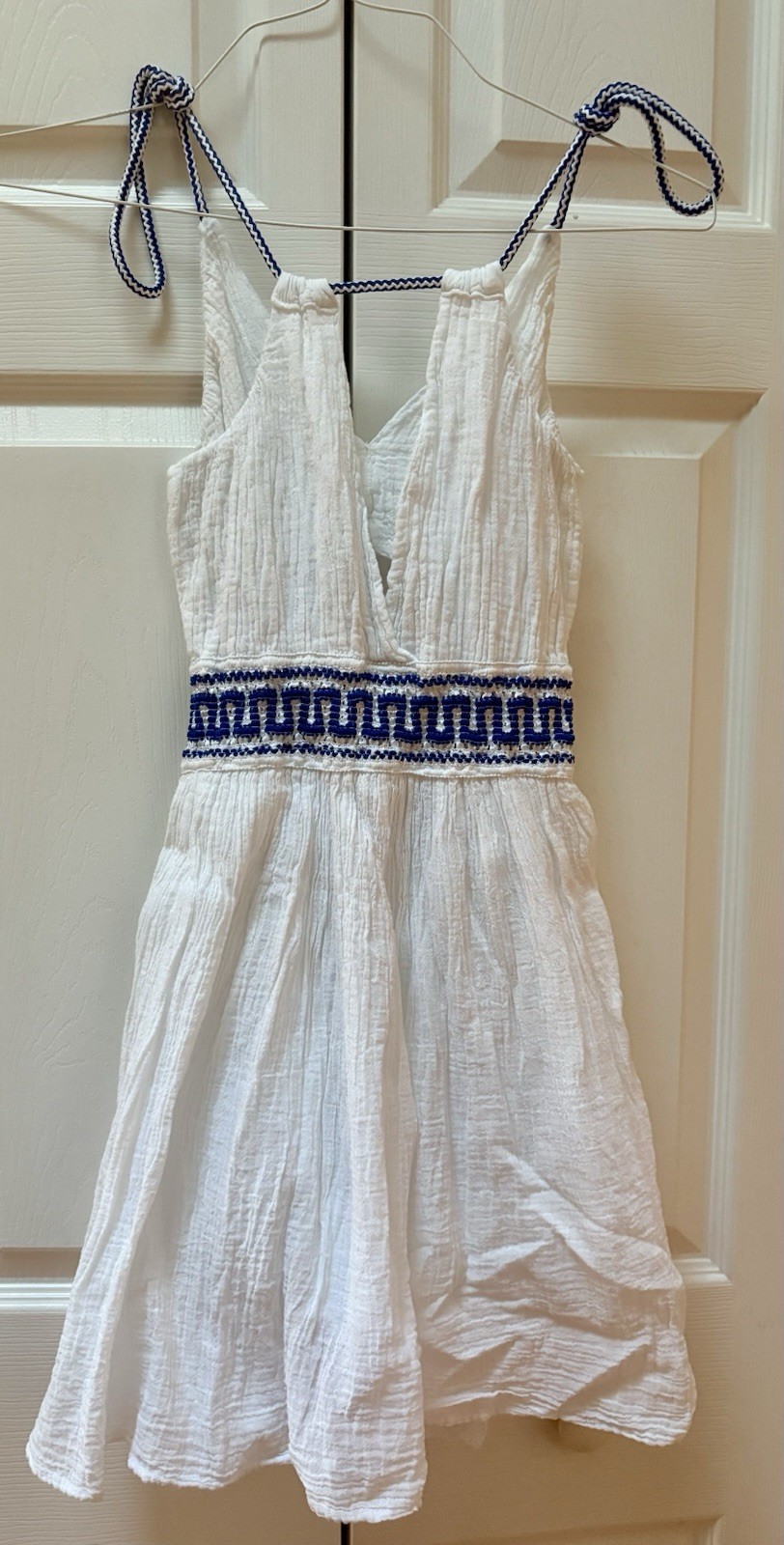 White Cotton Gauze Tank/Mini Dress Blue Embroidery, Made In Greece Size XS