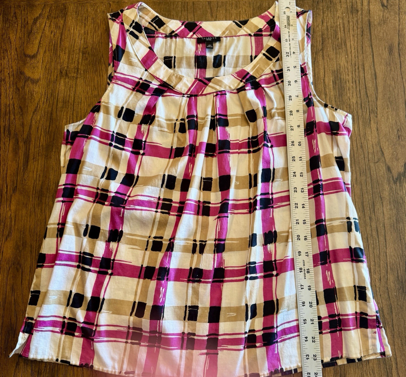 TALBOTS PETITE Magenta Black Tan&Ivory Sleeveless Blouse Cotton Slits (14P) NWOT