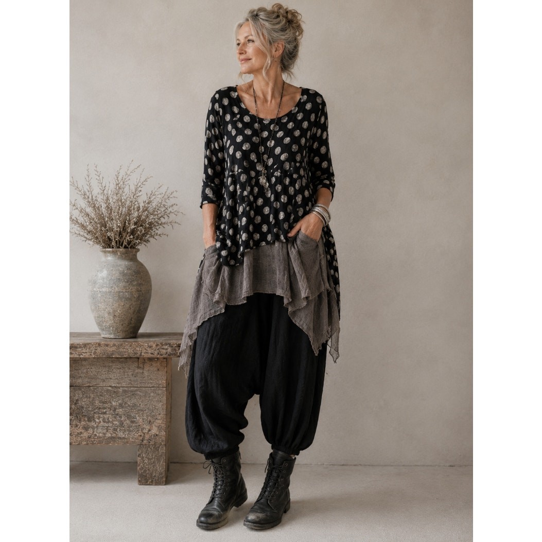 ALEMBIKA Essential Scoop Neck Top Polka Top Black Cream Sz 6/US 16-18 $164 {M51}