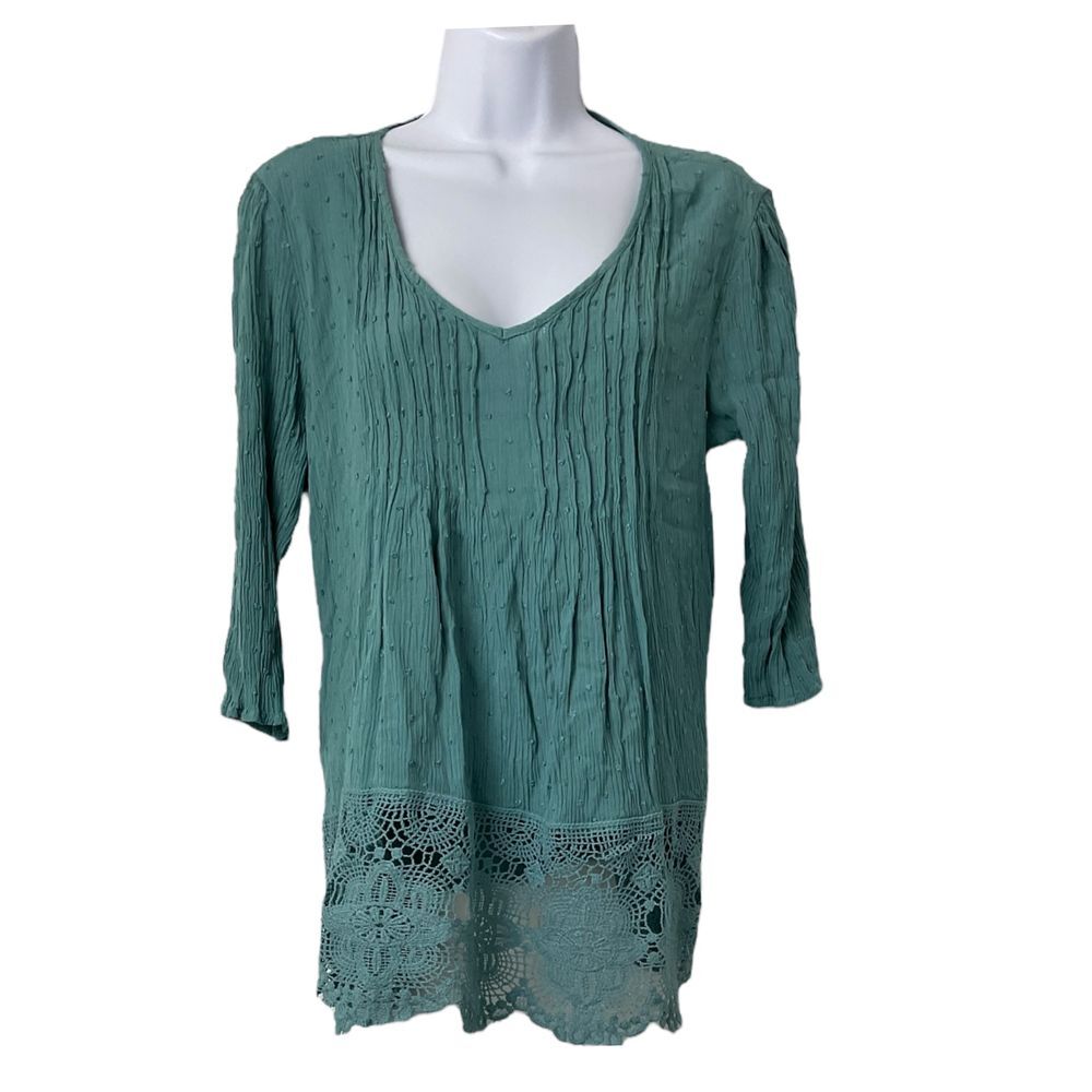 Emery Rose Teal Crotcheted Ruched 3/4 Sleeve Boho Peasant Top Sz M