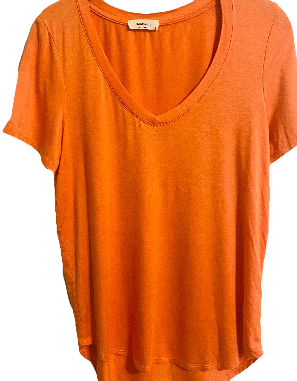 Heimious Orange V-Neck Tee Shirt Size S Modal Spandex Made in USA Soft Fit