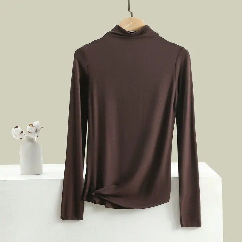 Womens Silk Knitted High Neck T Shirt Undershirt Long Sleeve Top