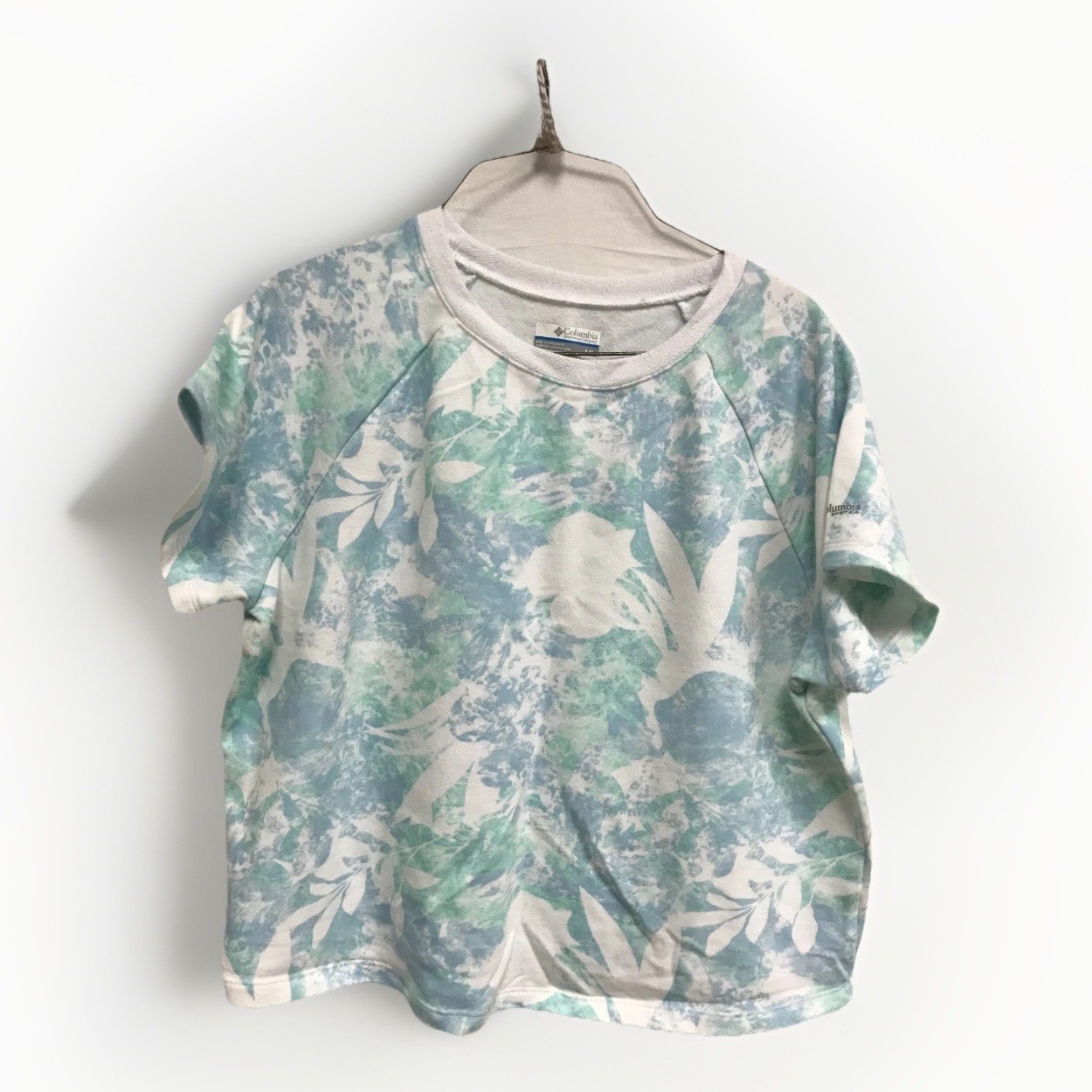 Columbia PFG Crop T-shirt Women Sz Large Light Aqua Floral Fishing Beach Marine