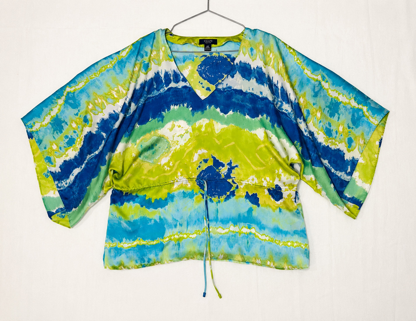 Chaps Women’s Abstract Blue Green V Neck Drawstring Kimono Sleeve Blouse Small