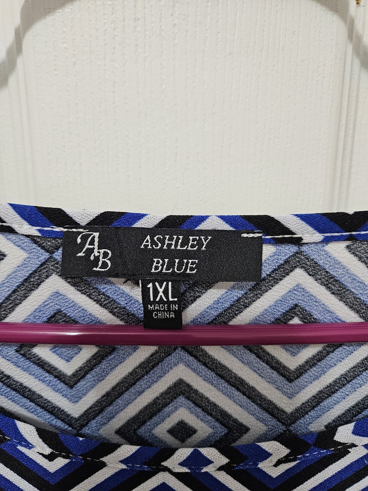 Ashley Blue Geometric Print Blue White And Black Dressy Top