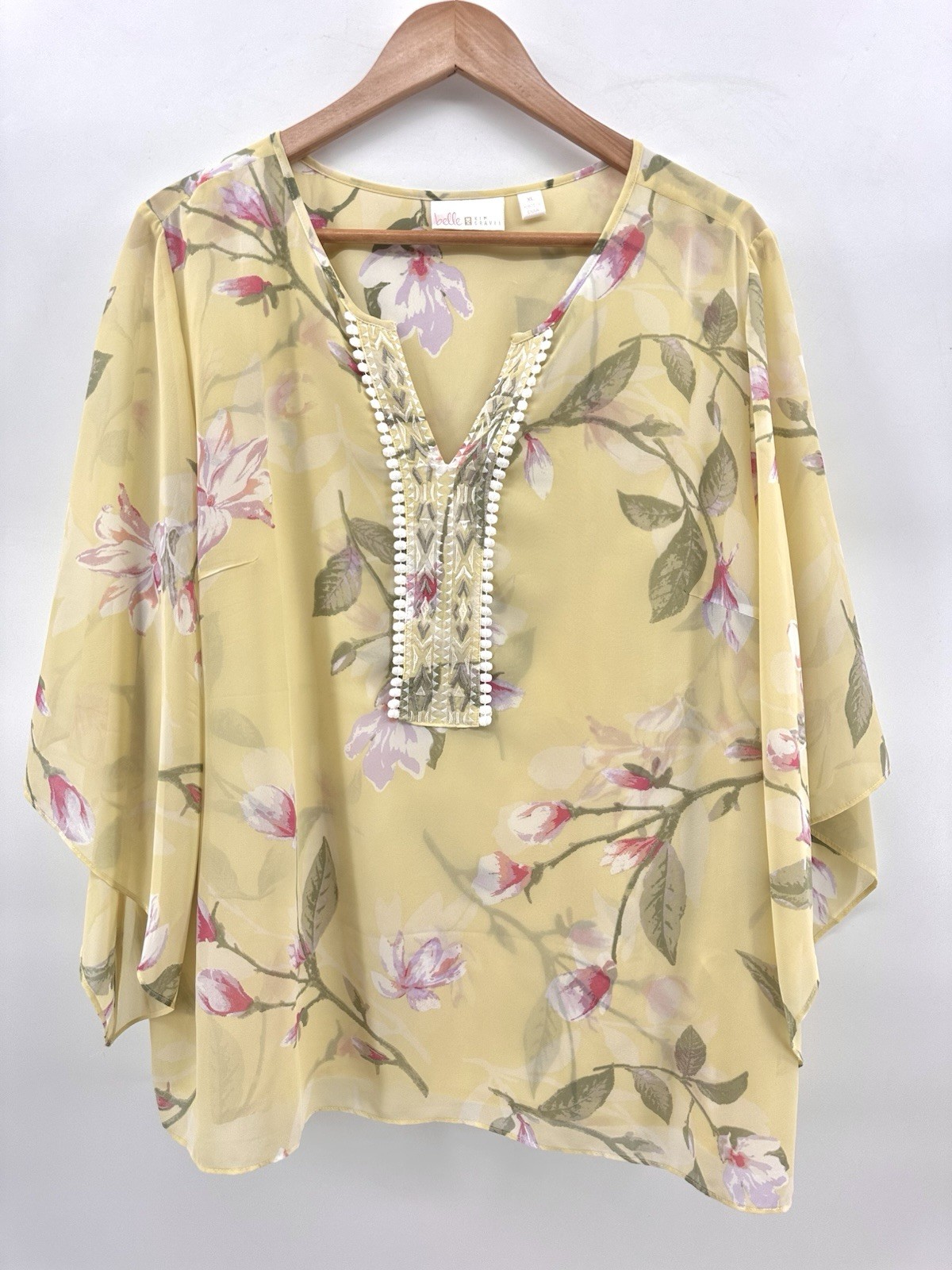 Belle Kim Gravel Yellow Floral Womens XL Sheer Boho Tunic Embroidered Flowy GG17