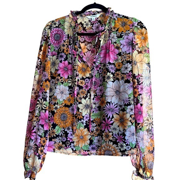 Steve Madden Womens Floral Ruffle Tie Neck Chiffon Blouse Multi Color S