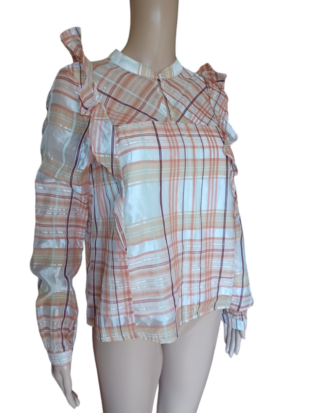 Current Air Womens Long Sleeved Top Ruffle Plaid Multicolor Keyhole XS