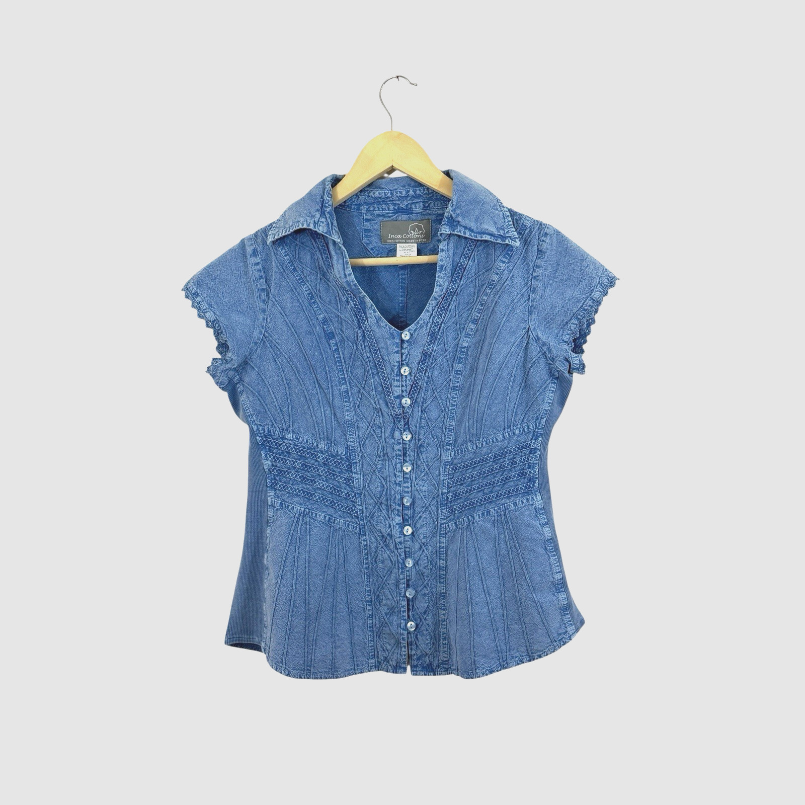 Inca Cotton Small Fitted Top Blue Embroidered Button Up Peru Womens READ