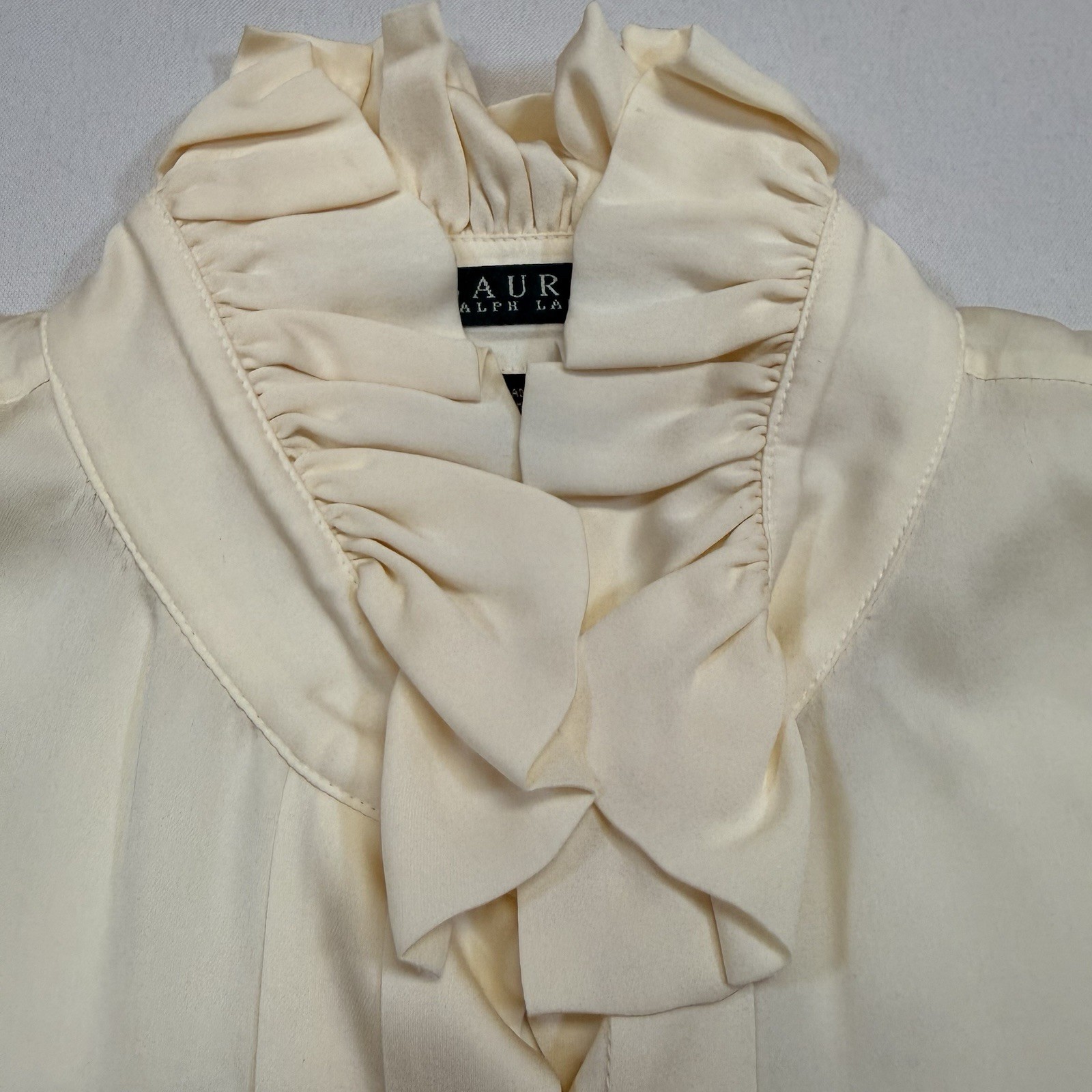 Ralph Lauren Shirt Blouse 100% Silk Ruffle Collar Bow Womens 10 Ivory New $119