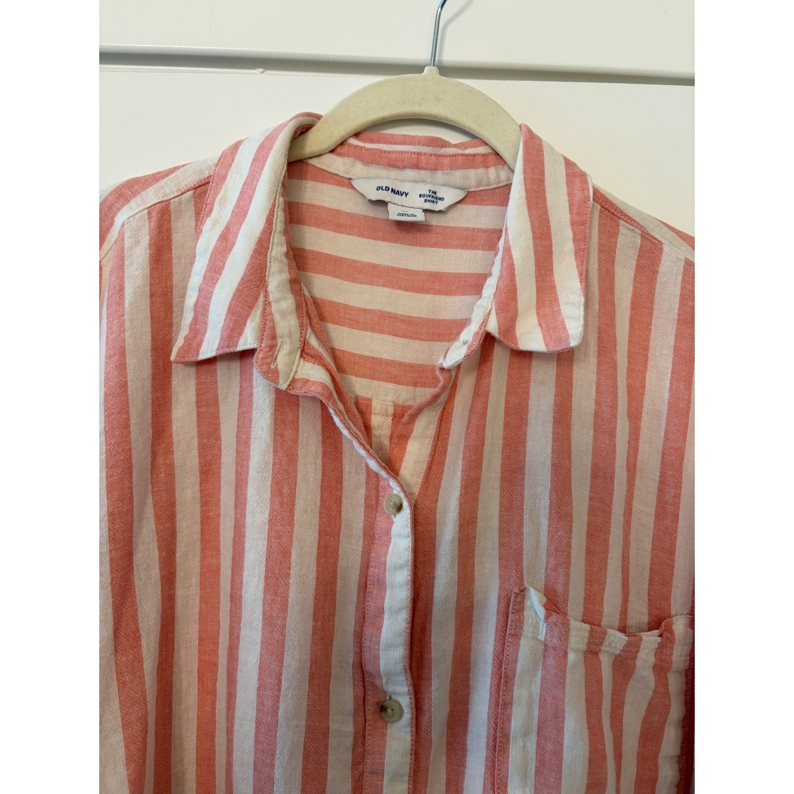 Old Navy The Boyfriend Shirt 2X Coral Pink White Striped Linen Blend Button Down