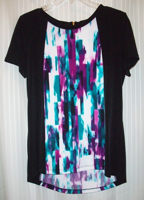 CALVIN KLEIN Colorblock Abstract High Low Tunic Top w/Zipper Black Purple Teal S