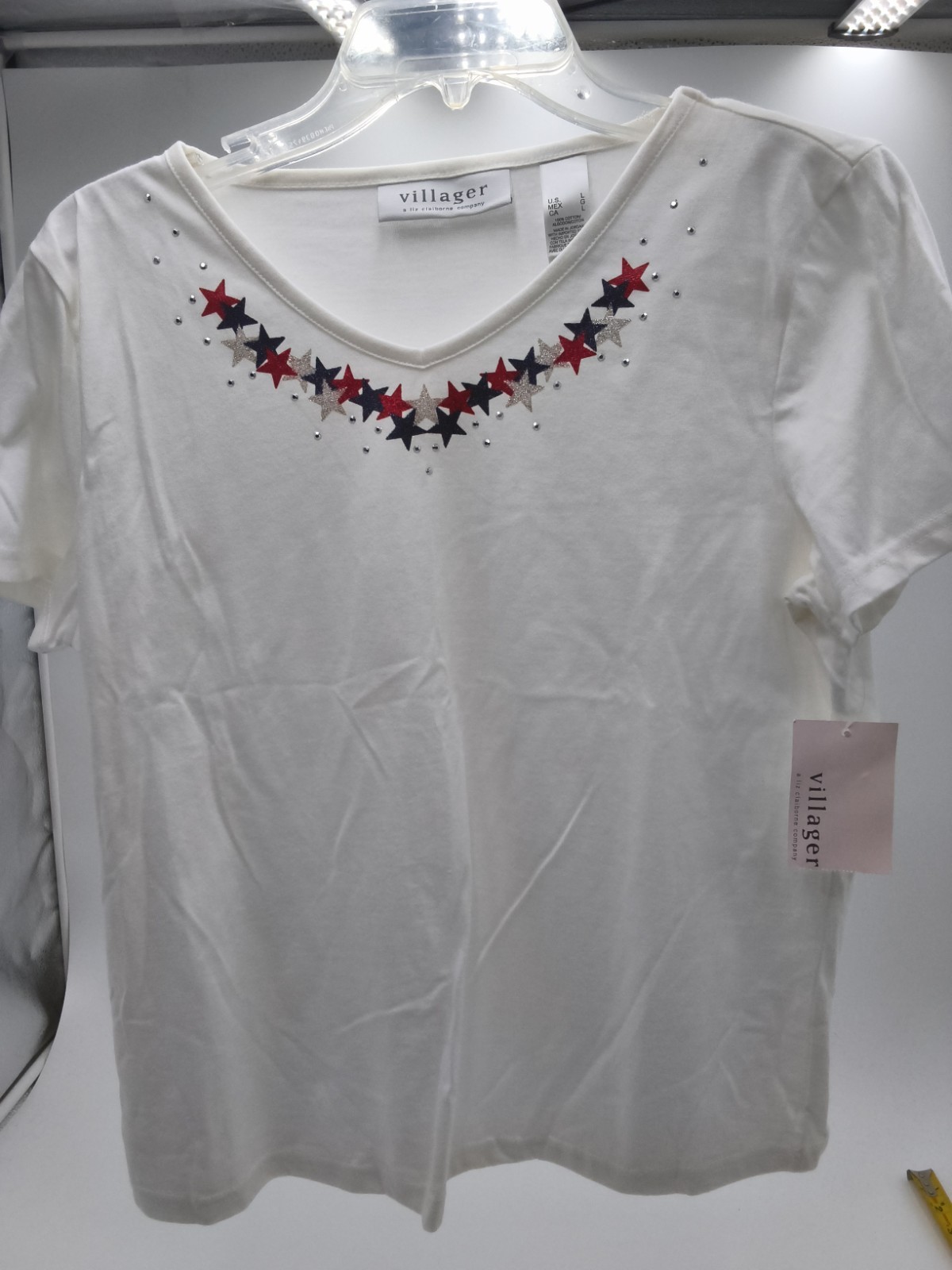 Woman’s Village Brand White Embellished Patriotic T-shirt NWT