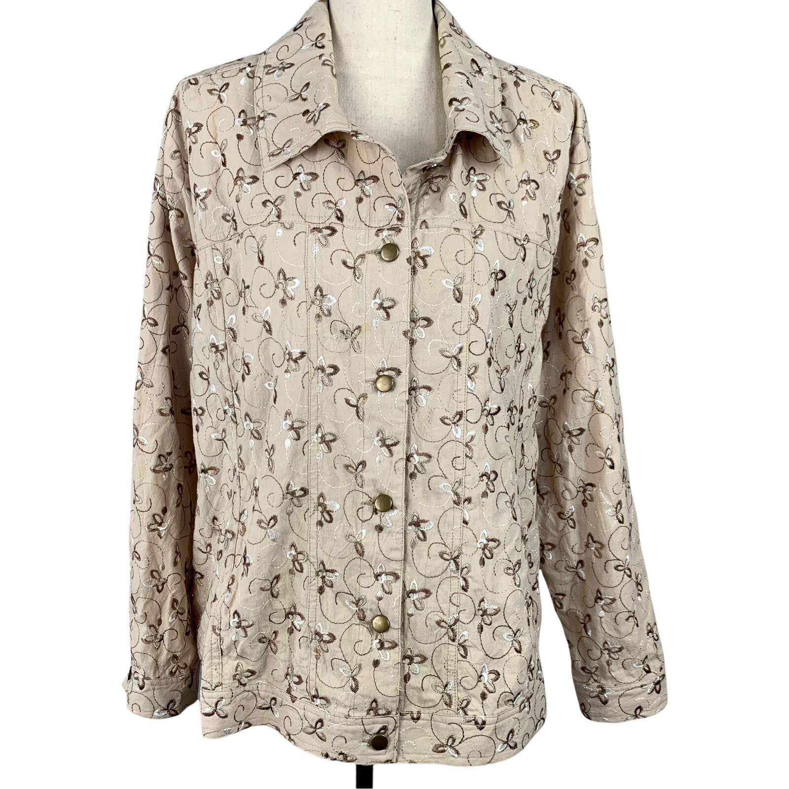 Leslie Fay Woman Button Up Shacket Plus 2X Beige Embroidered Cotton