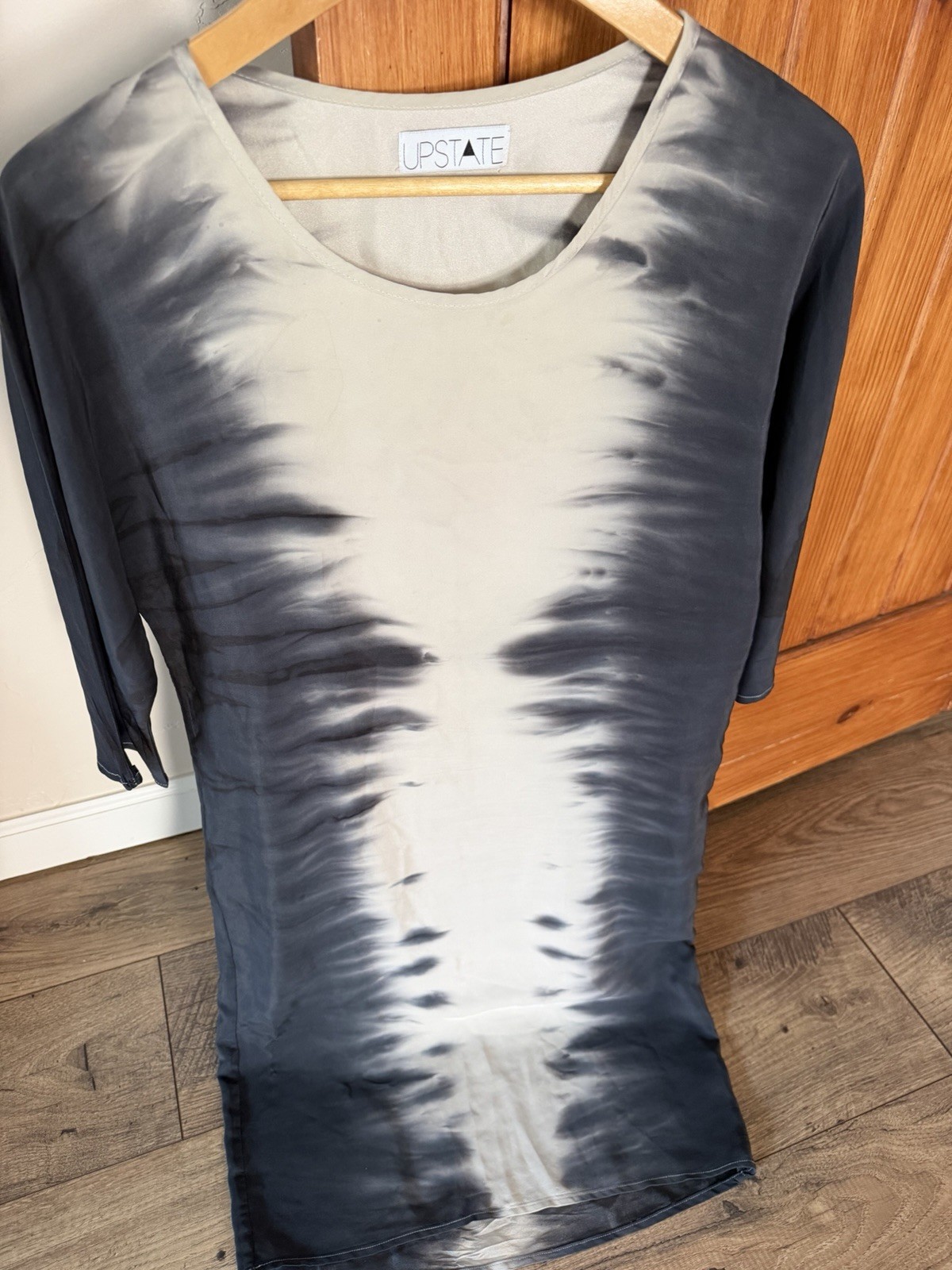 UPSTATE 100% Silk Tie Dye Tunic Oversized Top/dress Gray cream/taupe Abstract S