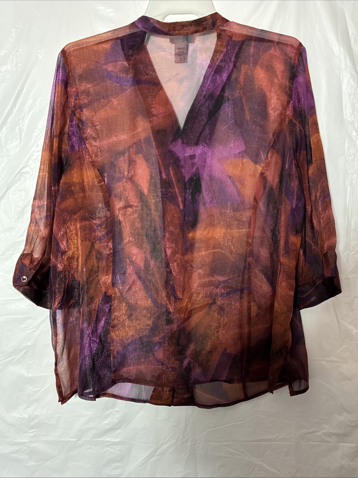 Maggie Barnes Blouse Sheer V Neck Top Button Multicolor 3/4 Sleeve Art 2 Wear 24