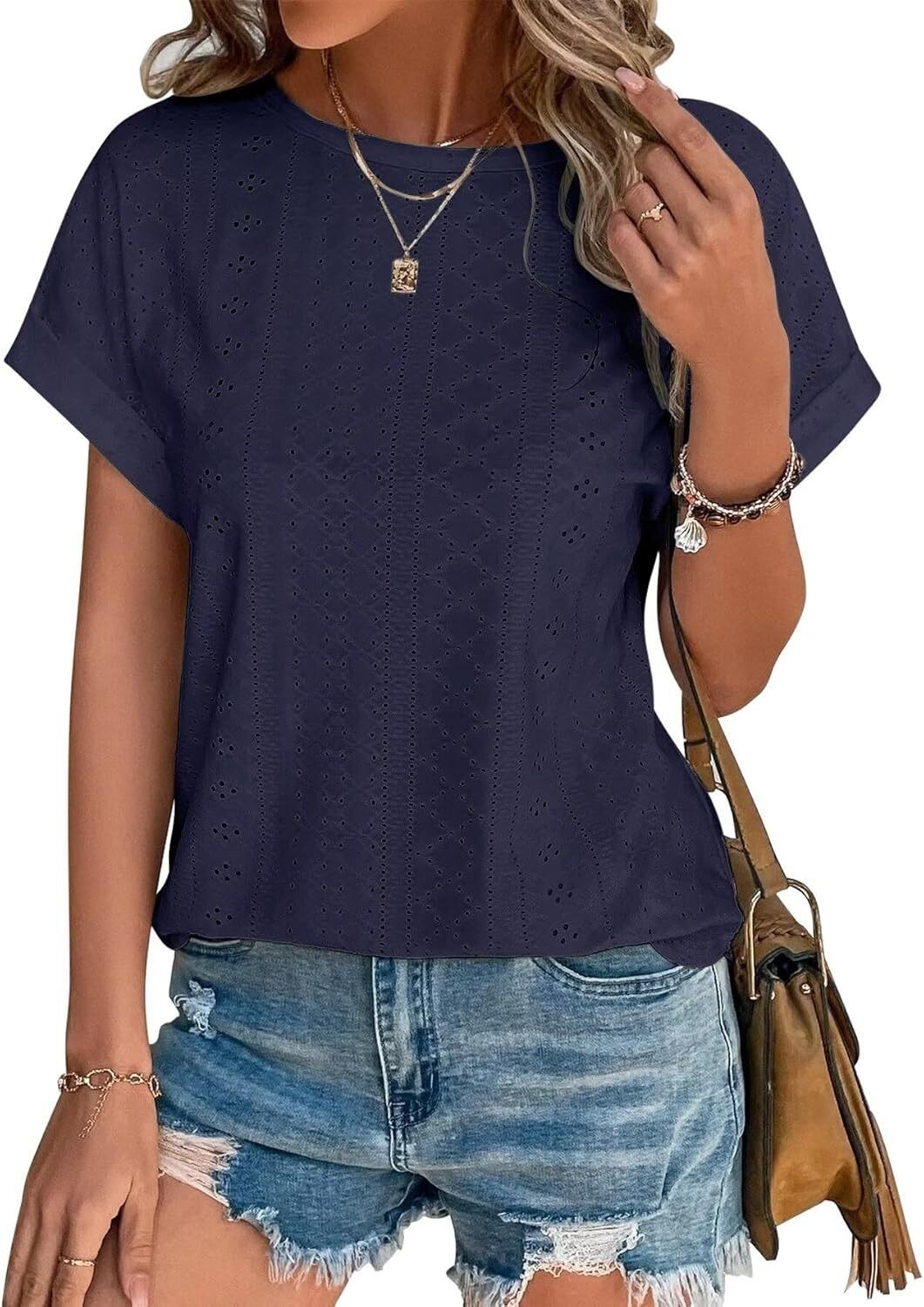 Womens Eyelet Embroidery Top Short Sleeve Curved Hem Loose Fit Summer T Shirt
