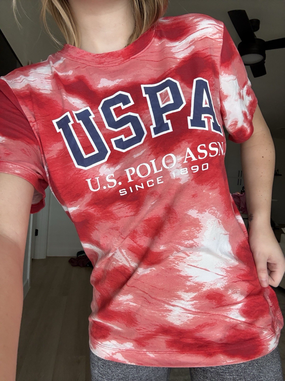 U.S. Polo Assn. Women’s 18 Red/White/Blue Tie-Dye Crew Neck USPA Logo Tee