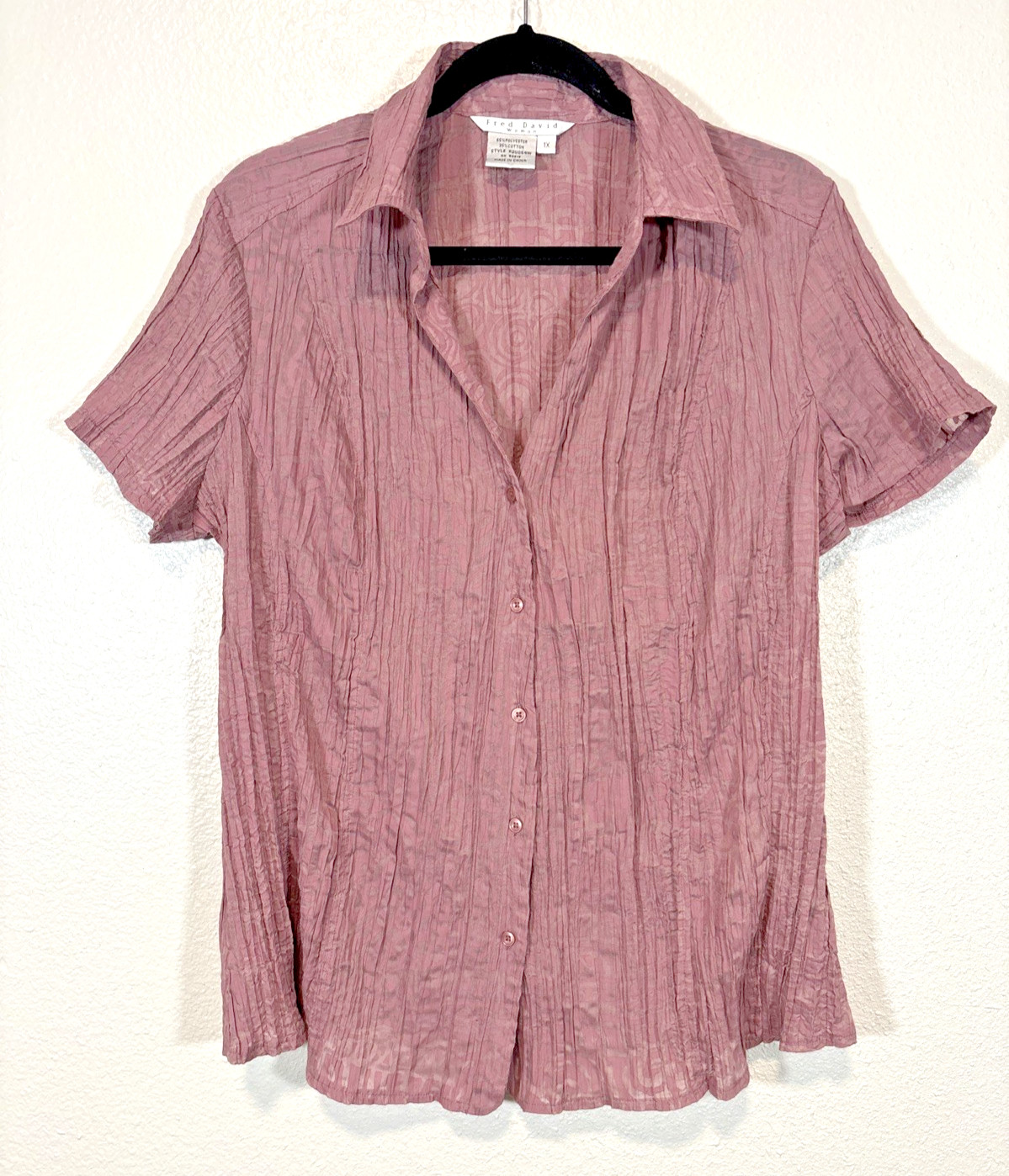 Fred David Crinkle Blouse Womens 1X Pink Button Front Short Sleeve Plus Top
