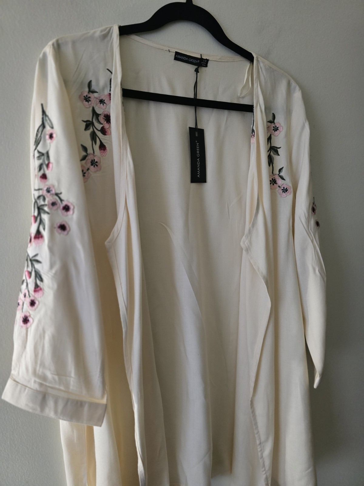 Amanda Green Embroidered 3/4 Sleeve Kimono Cardigan Boho Cottagecore Grandma SzL