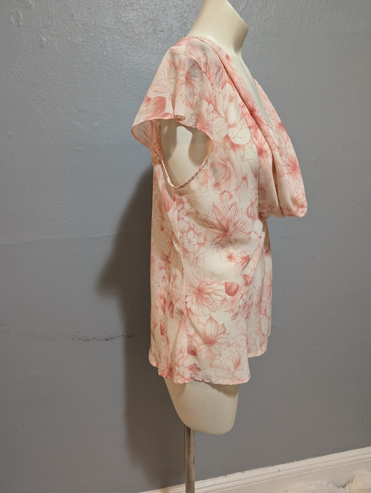 Vintage Cottage Core Top L Flower Print Pink White Deep Scoop Neck Flutter Fairy