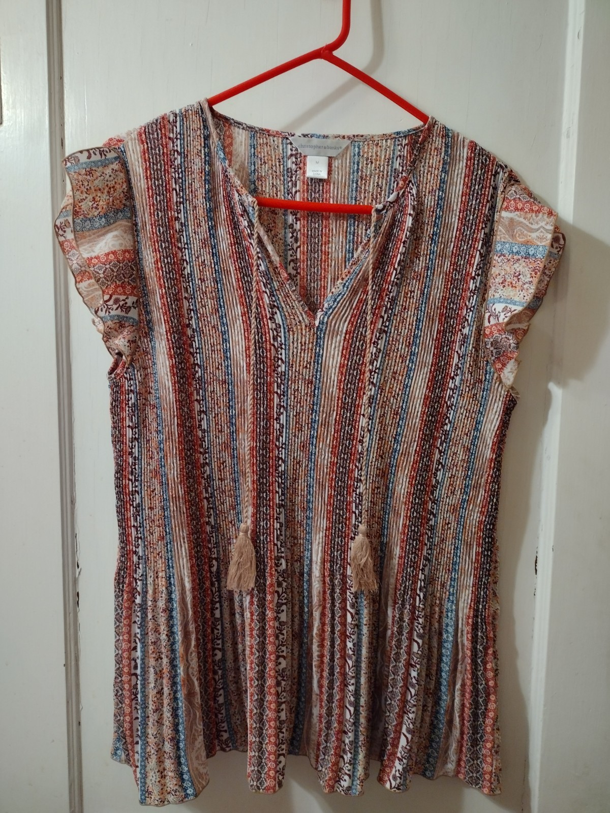 Christopher & Banks Women’s Med CJ Banks BOHO Shirt 70’s Look Multi Flower Pleat
