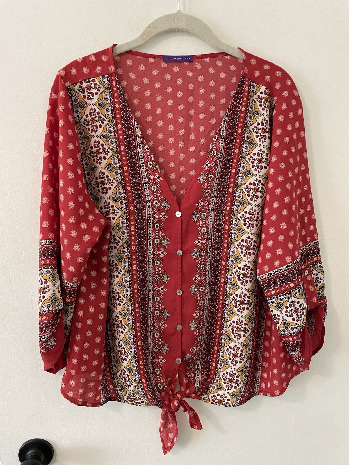 Women’s Large Red West Kei Bohemian Tie Front Tunic. Flowy Boho Colorful 0055