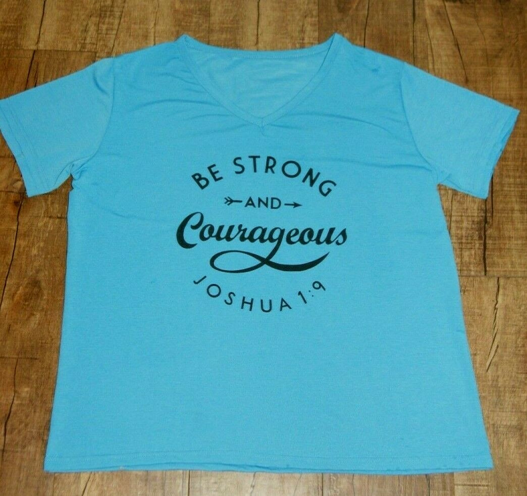 New Boutique Womens Turquoise T-Shirt Joshua 1:9 Be Strong & Courageous Sz 2XL