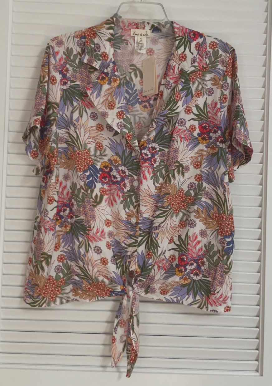 Emi & Joe White Floral Button Down Blouse Multi Color Tie Front Hem Size XL NWT
