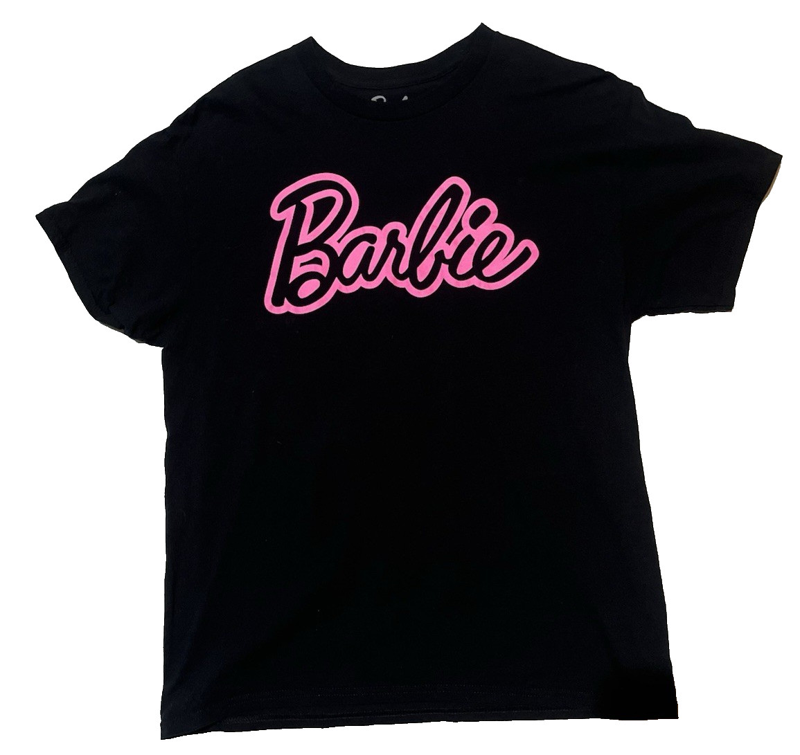 Barbie Womens Novelty Black T-Shirt in Size Large Pink lettering
