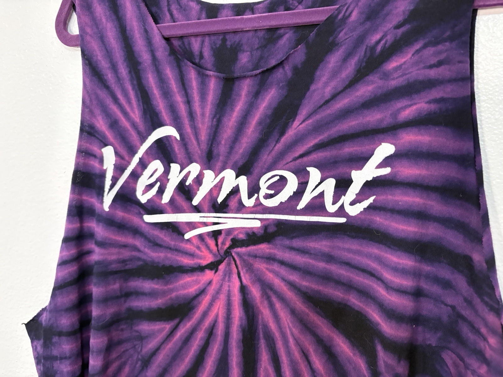 Women’s Purple Tie Dye “Vermont” Scoop Neck Tank Top with Beaded Fringe