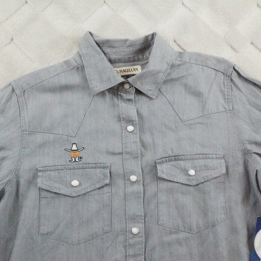 Magellan Houston Livestock Shirt Womens Small Pearl Snap Chambray Gray Button Up