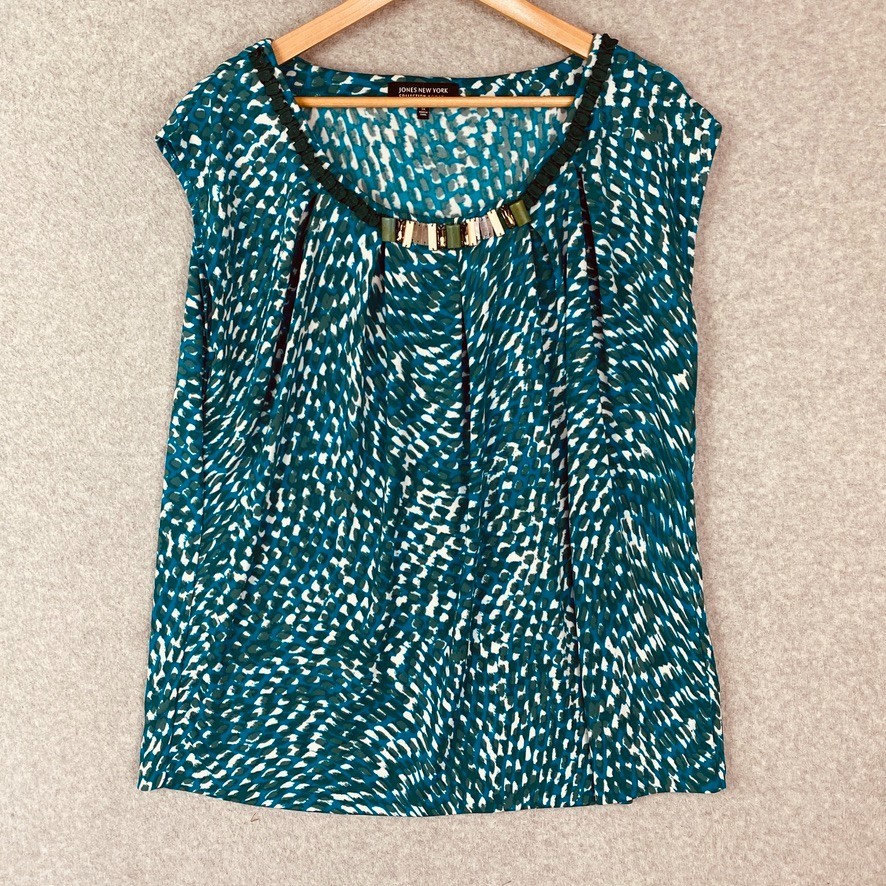 Jones New York Top Womens Size 1X Teal Beaded Pleated Knit Dressy Career Event