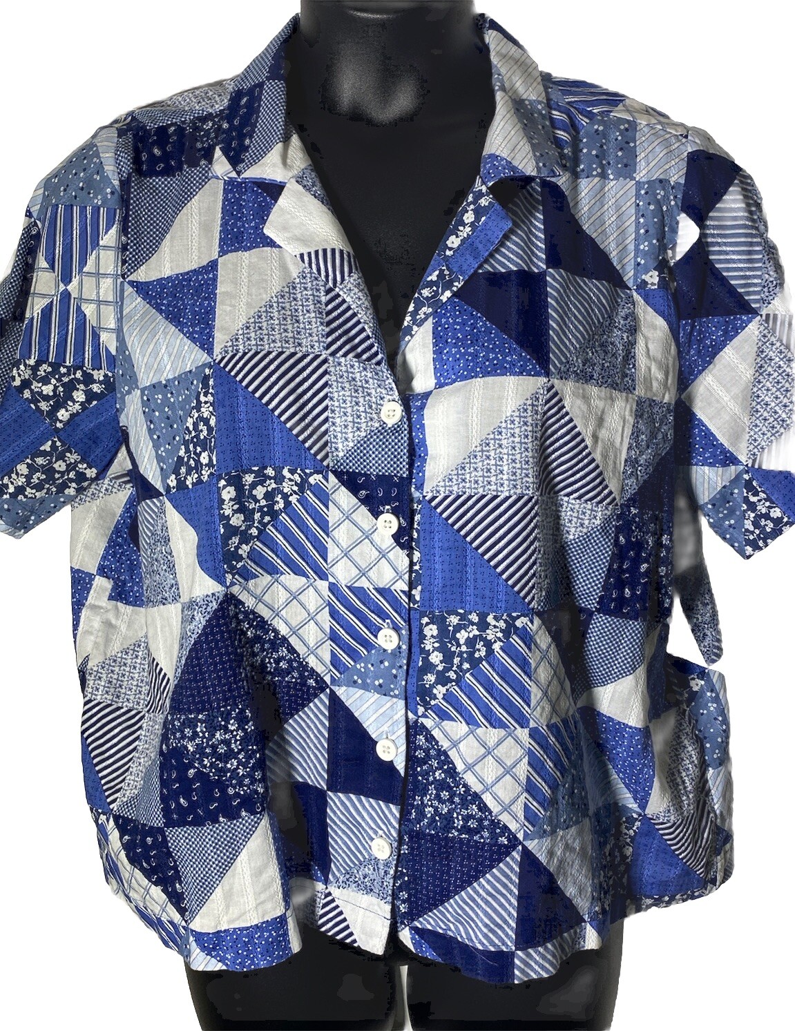 A.N.A. Blue Patchwork Size XL 100% Cotton Button Up Shirt Prairie Quilt Square