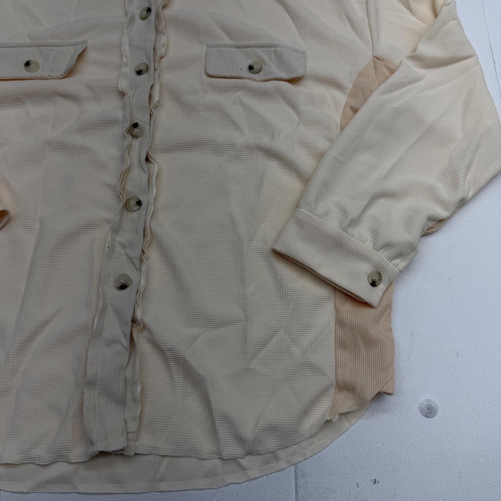 Shirt Womens 2XL Beige Solid Long Sleeve Button Up Ruffle Band Collar Casual