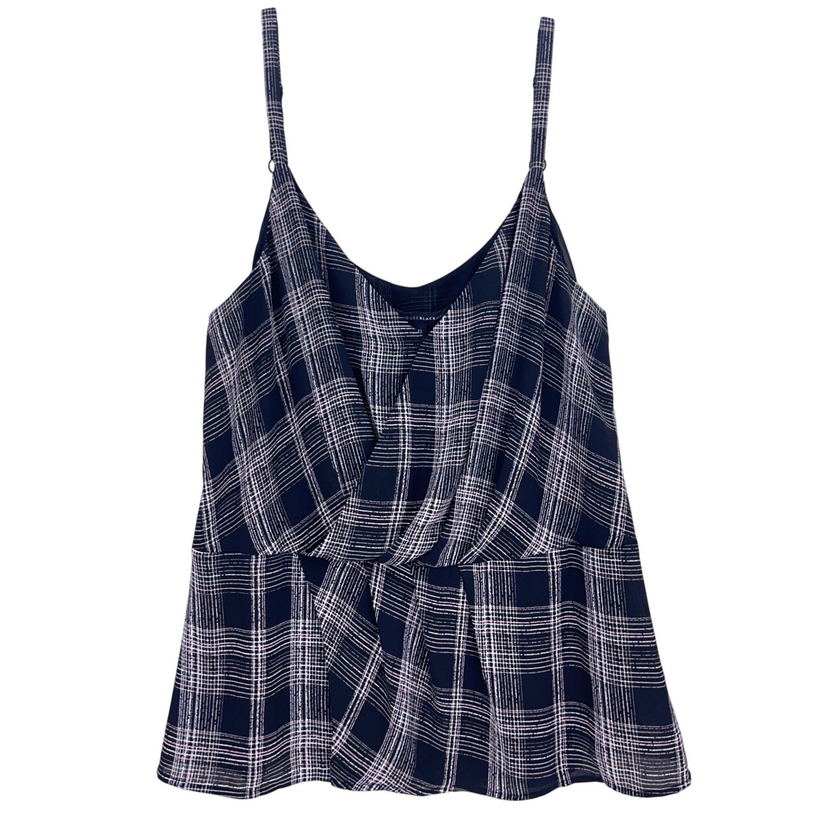 White House Black Market Black Plaid Camisole 12 Faux Wrap Peplum Tank Top