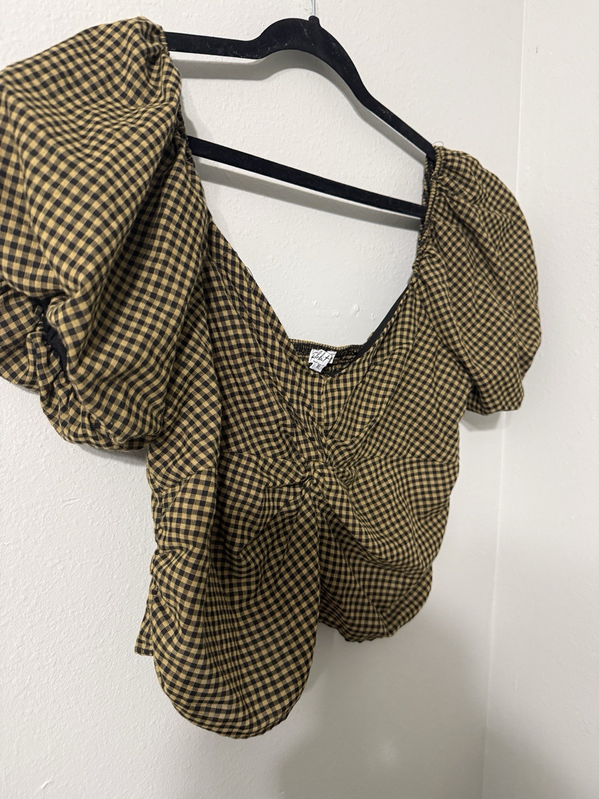 Rabbit Rose Puff Sleeve Knot Front Cute Fall Gingham Top XL Black/Mustard