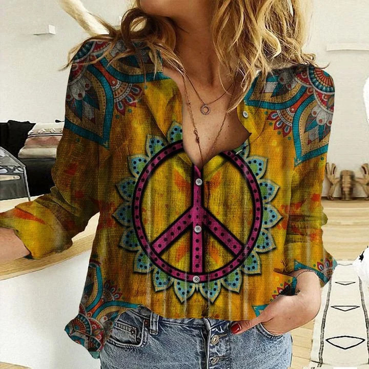 Boho Golden Peace Sign Mandala Print Casual Button Down Blouse Hippie Gift