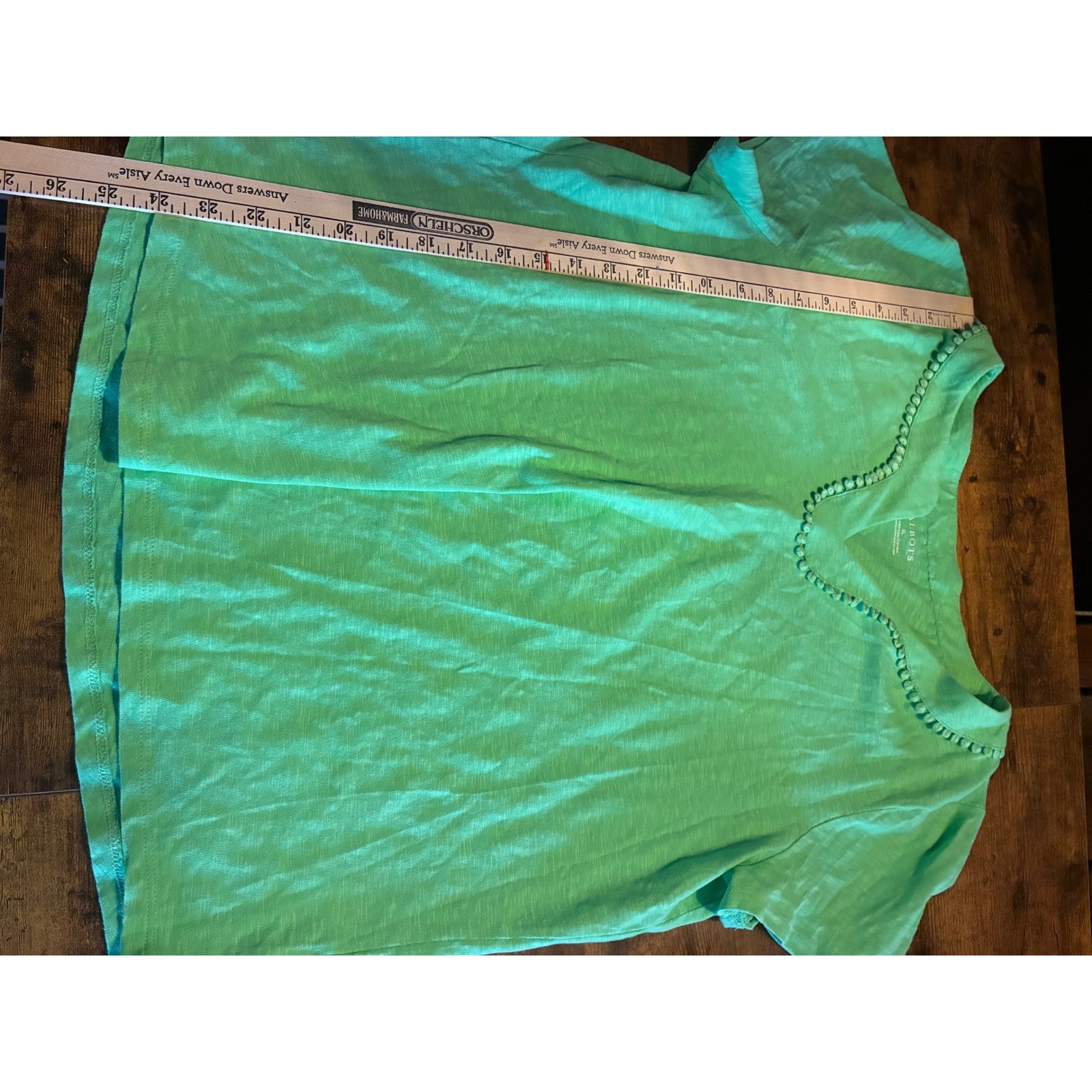 Talbots Top Womens XL Green Excellent Pom Pom Trim Split Neck Slub Cotton Tee