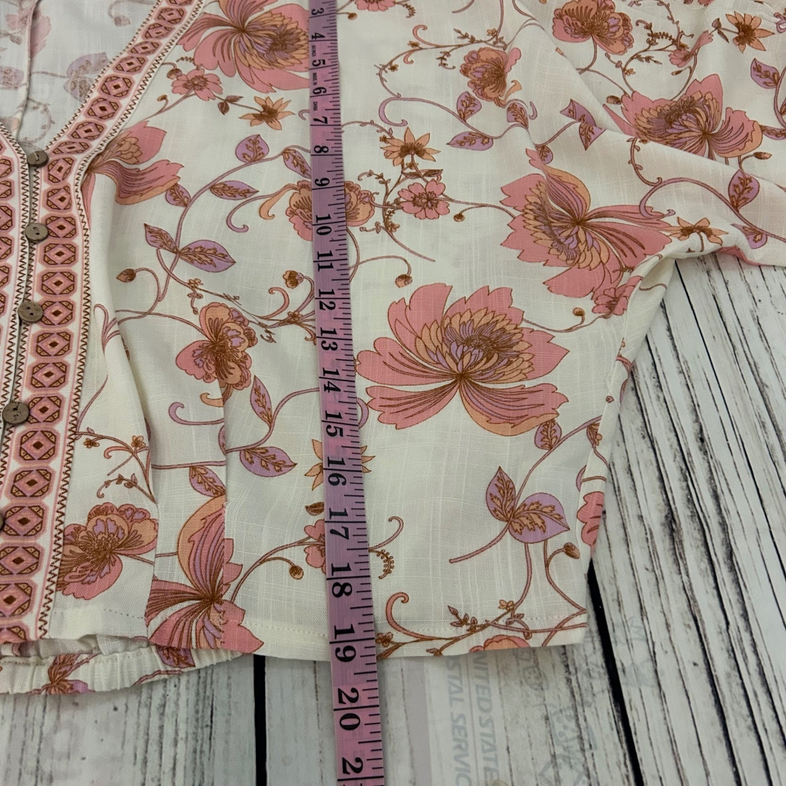 Rose + Olive Pink Floral Boho V-Neck Dolman Sleeve Cottagecore Top Womens M Crop