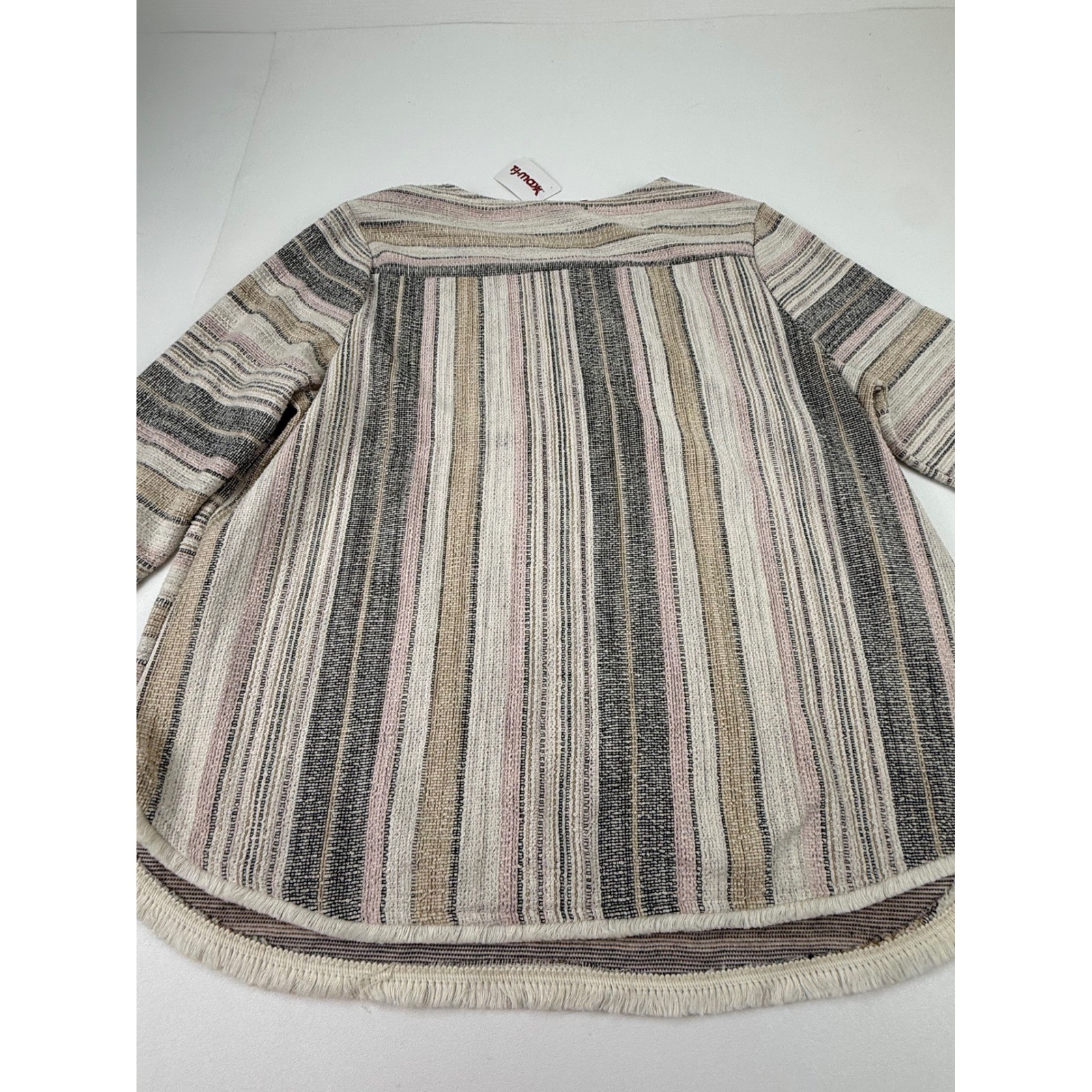 W5 Womens 1X Multi-Color Striped 3/4 Sleeve Fringe Hem Woven Top Beige Grey Pink