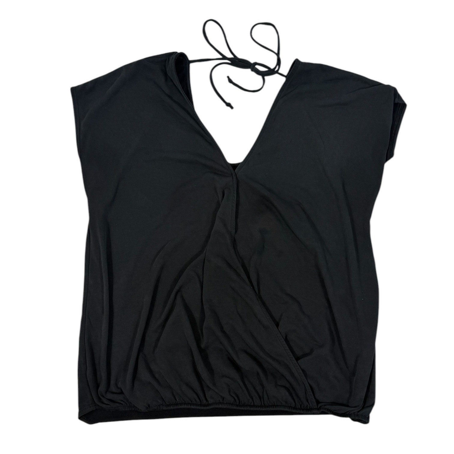 Green Envelope Womens M Black Surplice Faux Wrap Blouson Short Sleeve Stretch